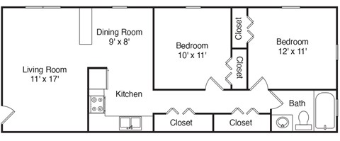 Floor plan for 2 beds, 1 bath, 927 sqft